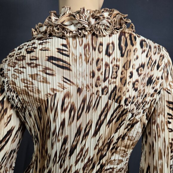Y2K Animal Print Ruffled Chiffon Babydoll Tunic Top Mini Dress Size M Beige - Picture 10 of 12